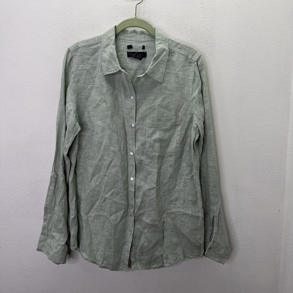 Tahari Button Up Shirt Top Sage Green 100% Linen Minimalist Long Sleeve Sz L